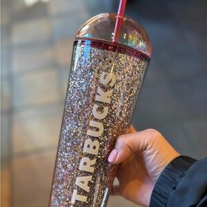 Starbucks Pink and Silver glitter Tumbler with Dome Lid Cold Cup straw rare 2024